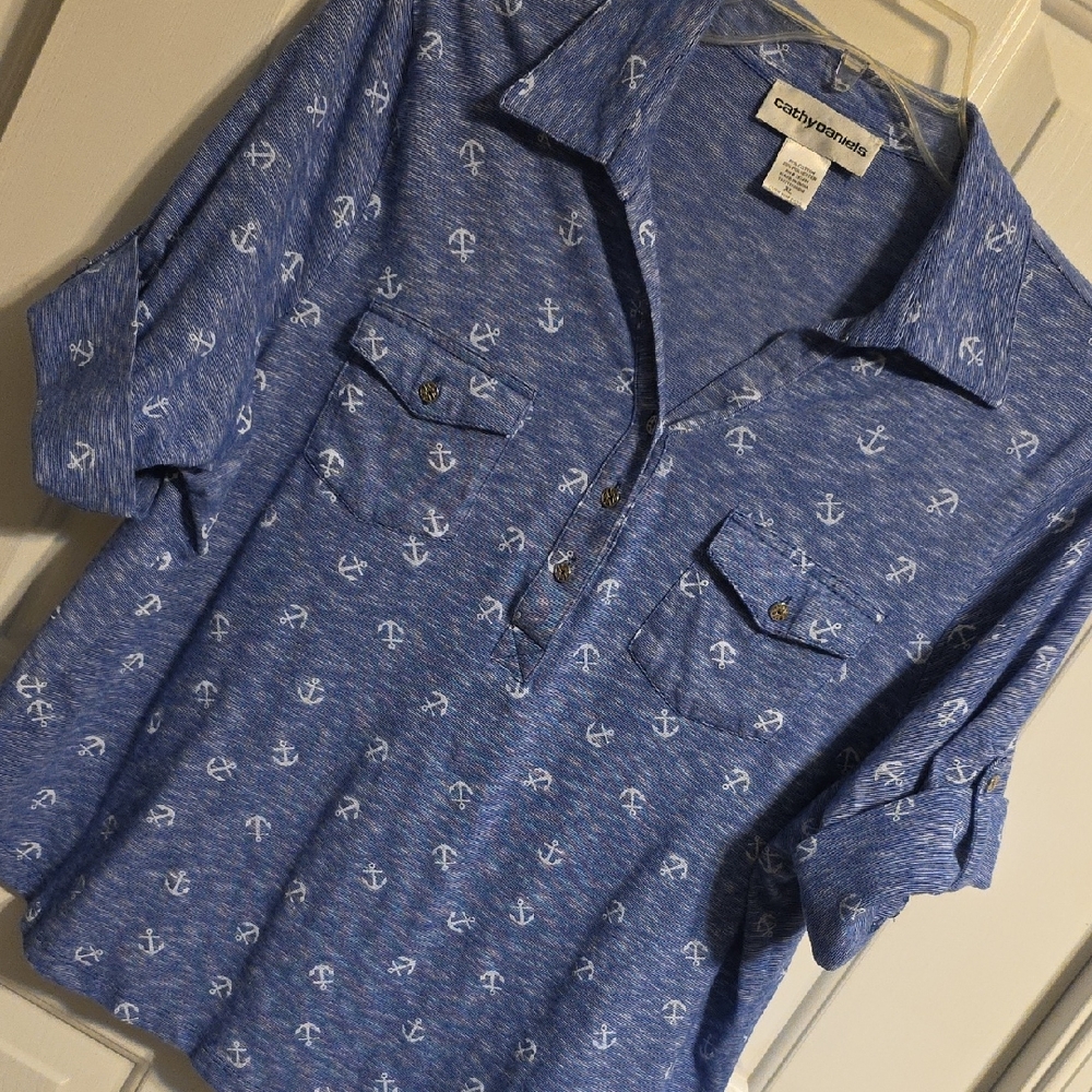 Cathy Daniels Blue Anchor-Print Pullover Shirt